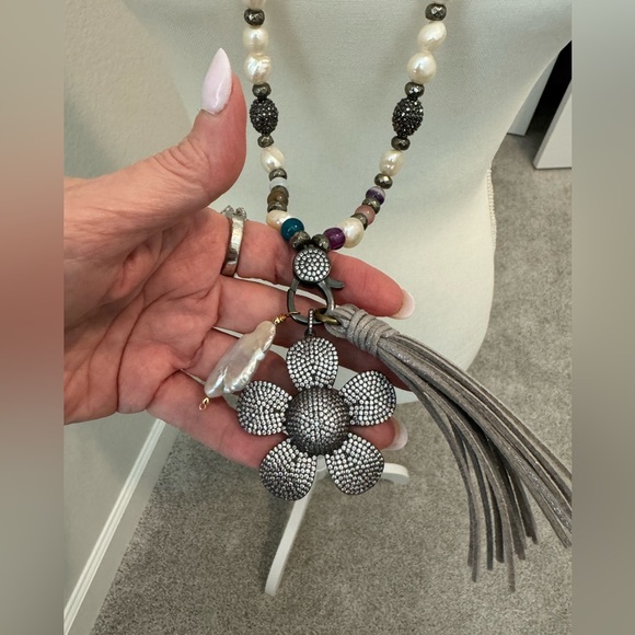 Long Pearl Multigem Necklace with Charms - Picture 2 of 5